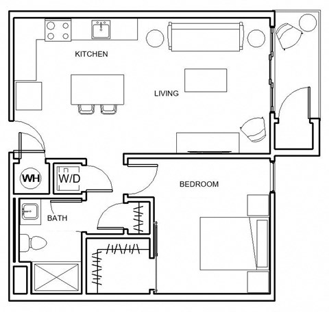 Floor plan for 1 bed, 1 bath, 675 sqft